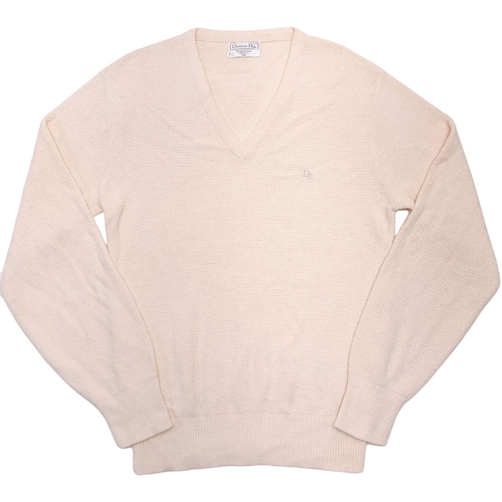 Vintage Christian Dior Monsieur V-Neck Sweater Cream XL Orlon Acrylic USA Made